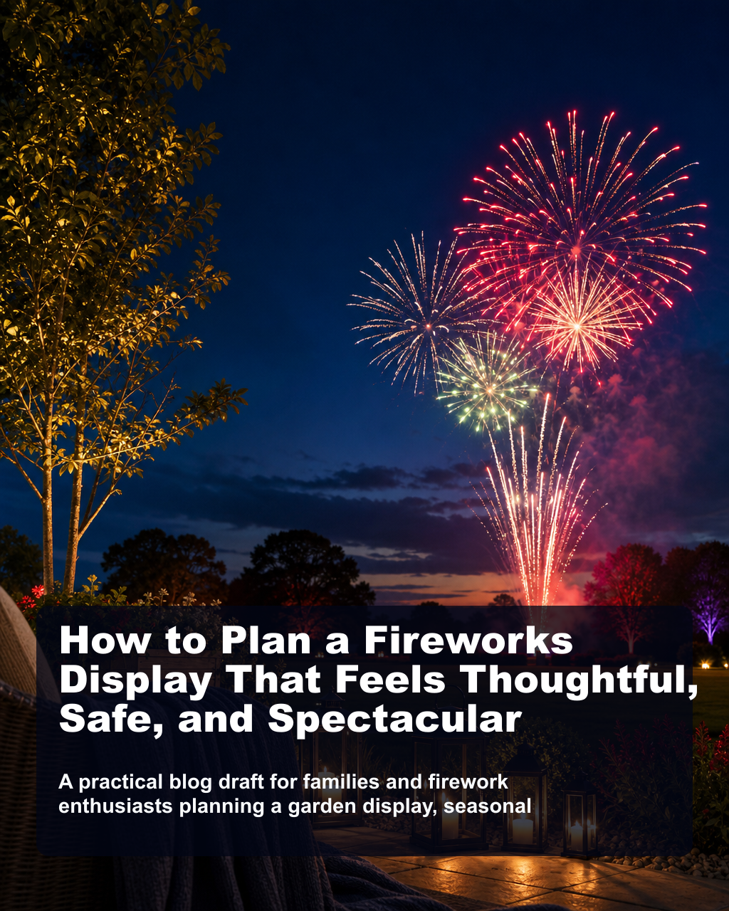 Editorial-style outdoor evening scene with a subtle fireworks glow over a clean garden display setting.