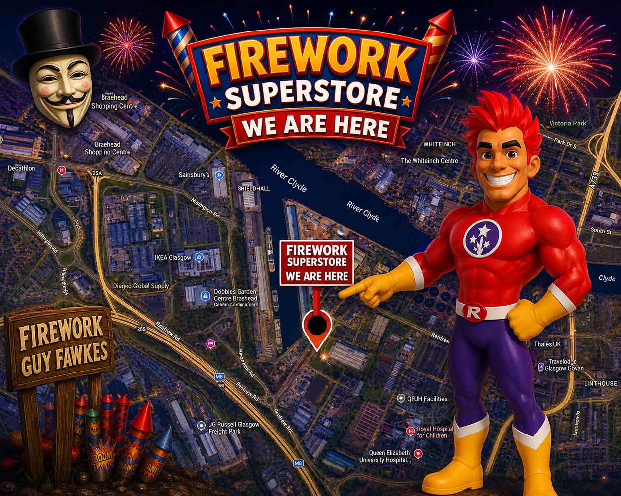 Map showing Firework Superstore at 85 Bogmoor Road, Shieldhall, Glasgow, with Rokit the mascot pointing to the shop